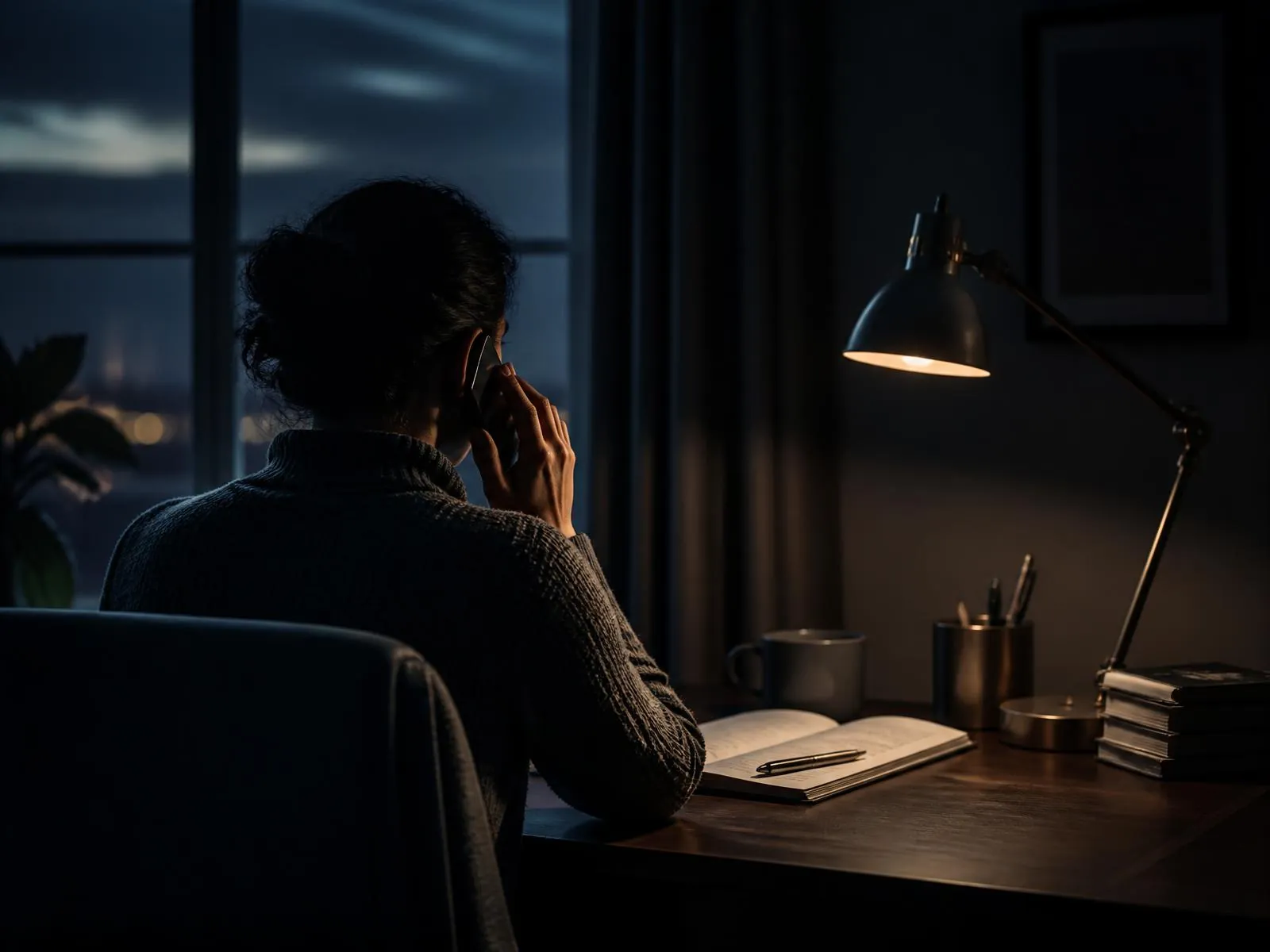 Človek pri stolnej lampe telefonuje a zapisuje si poznámky do zošita